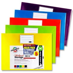A4 Premto Press Stud Wallet Colours Pack of 5